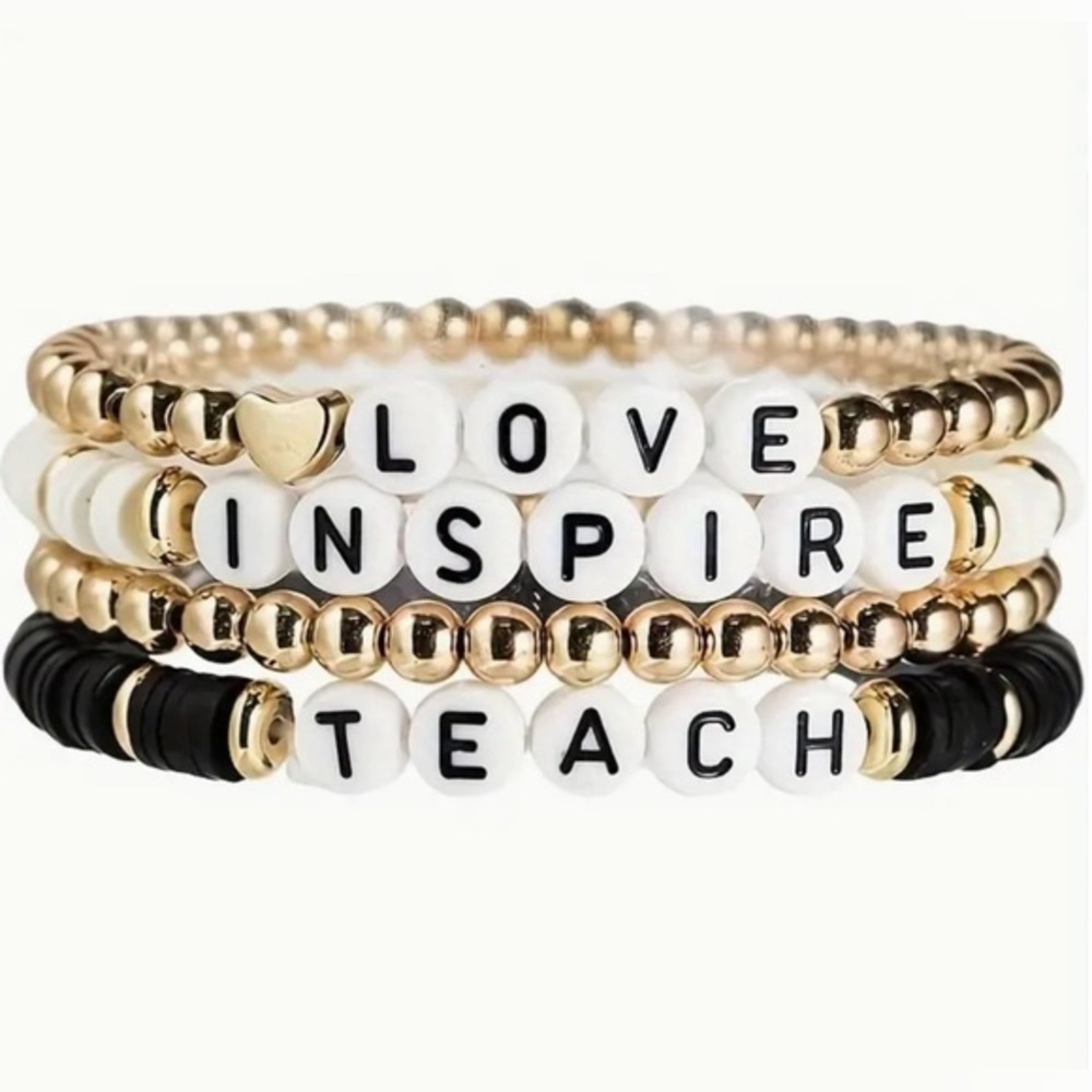 Love Teach Inspire Teacher Stackable Gold Beaded 4 Bracelet Set